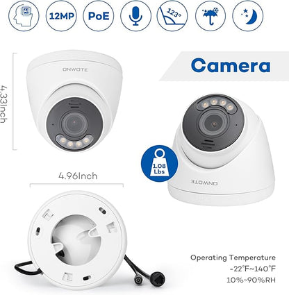 ONWOTE 12MP PoE IP Security Camera Outdoor, 2 Way Talk, Smart Color Night Vision, 4000x3000 12 Megapixels 30fps, 123° FoV, AI Detection, Commercial Wired Camera for Business, Add-on to PoE NVR System