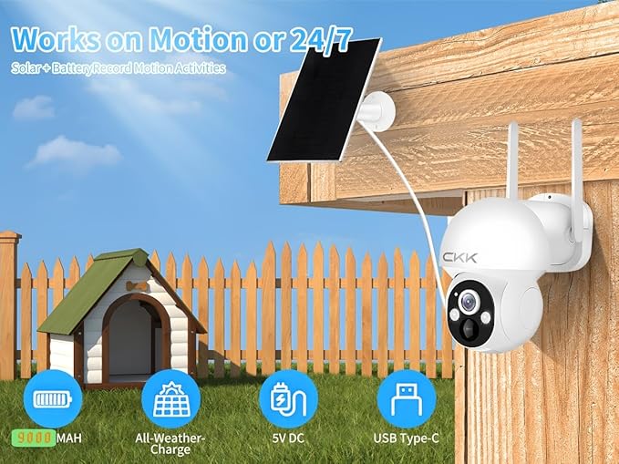 CKK Wireless Cameras for Home/Outdoor Security, Solar Security Cameras Wireless Outdoor 355°PTZ, 4MP 2.5K WiFi Camera with Spotlight, PIR Sensor, Siren, Color Night Vision, 2-Way Talk, SD/Cloud
