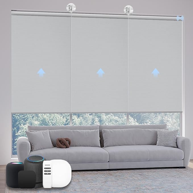 Motorized Coupled Shades, Blackout Smart Blinds for Large Windows Automatic Blinds Compatible with Alexa, Motorized Roller Shades Customized for Bedroom Home Office(Blackout-Vinyl Smoky Grey)