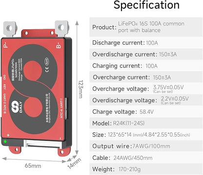 DALY Smart BMS 4S-16S 40A-500A with WiFi Module and CAN 485 Communication Protection Board for LifePO4 Lithium Battery Pack (Smart BMS 16S 48V，100A)