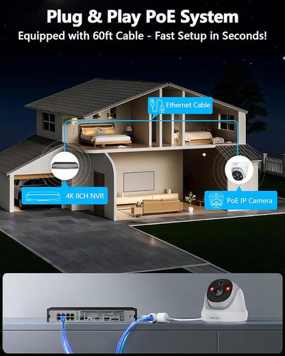 OOSSXX (2026 New) 4K PoE Security Camera System, 8CH NVR w/ 1TB HDD, 4pcs Wired Cameras (2 Dome + 2 Bullet), 130° Wide Angle, PIR Motion Detection, 2-Way Audio, No Monthly Fee App