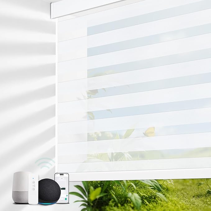 MING CHEN Motorized Blinds with Remote, Built-in Rechargeable Smart Blinds, Custom Size Electric Zebra Shades Compatible with Alexa Google (60% Shading Luxurious White)