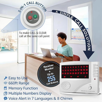 Nurse Call System Caregiver Pager Call System with 10 Dual Function Call Buttons and 1 Central Monitoring Unit for Clinic Restaurant Assisted Living Nursing Home Patients Residents