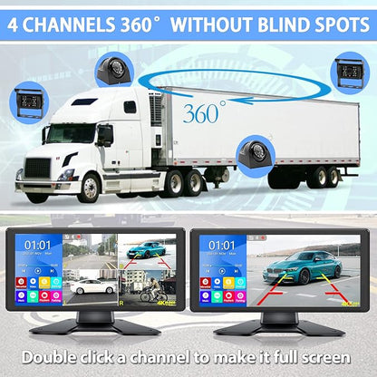 RV Backup Camera System with 10.36’’ 4K Monitor for RV Truck Bus Trailer with 4 Rear/Side View 1080P HD Cameras 4 Splits Touch Screen DVR Recording IP69 Waterproof Bluetooth Music Video Avoid Blind