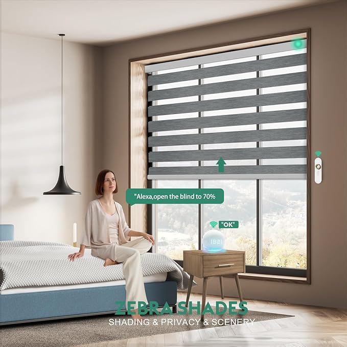 Motorized Zebra Blinds with Remote, Work with HomeKit Alexa Automatic Electric Window Shades 90% Blackout Light Filtering for Smart Home and Office, Customized Size Gray