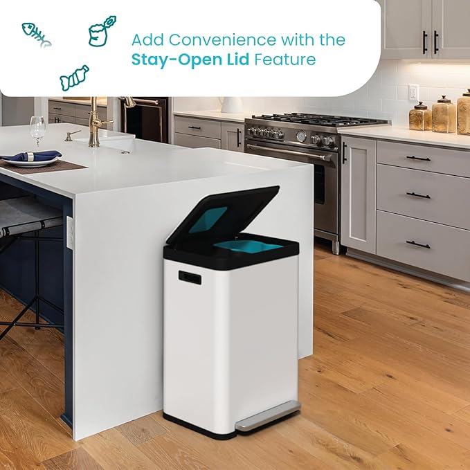 Home Zone Living 19 Gallon Kitchen Trash Can with Dual Compartments for Recycling, CleanAura Odor Control, Stainless Steel, Matte White, 70 Liters Total