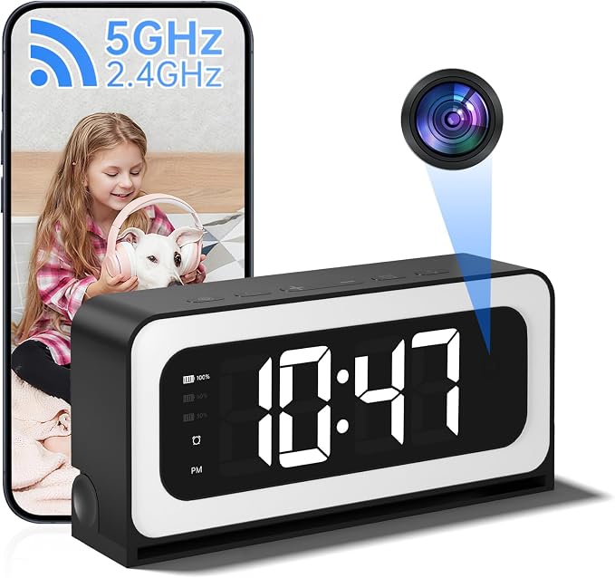 Clock Camera 2K,5G&2.4G WiFi Indoor Security Camera,Cameras for Home Security,3 in 1 Indoor Camera with Alarm,Full Color Night Vision,Local Storage