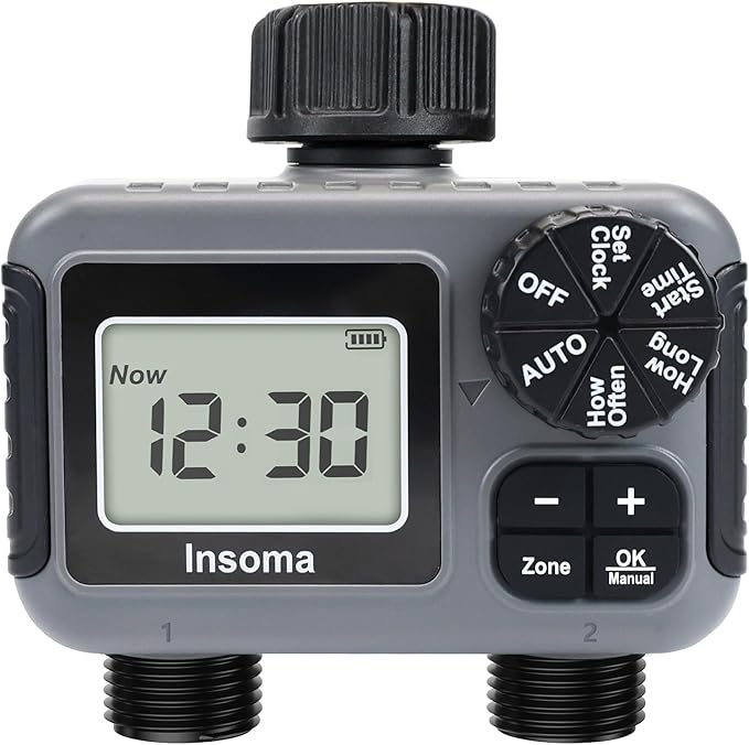 Insoma 2 Zone Water Timer, Programmable Irrigation Sprinkler Timer for Garden Hose, Outdoor Hose Faucet Timers with Rain Delay/Manual/Auto Modes, IPX5 Waterproof for Drip System & Lawn