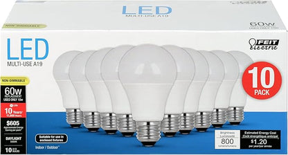 Feit Electric A19 LED Light Bulbs, 60W Equivalent, Non Dimmable, 800 Lumens, E26 Standard Base, 5000k Daylight, 80 CRI, 10 Year Lifetime, Energy Efficient, 10 Pack, A800/850/10KLED/10