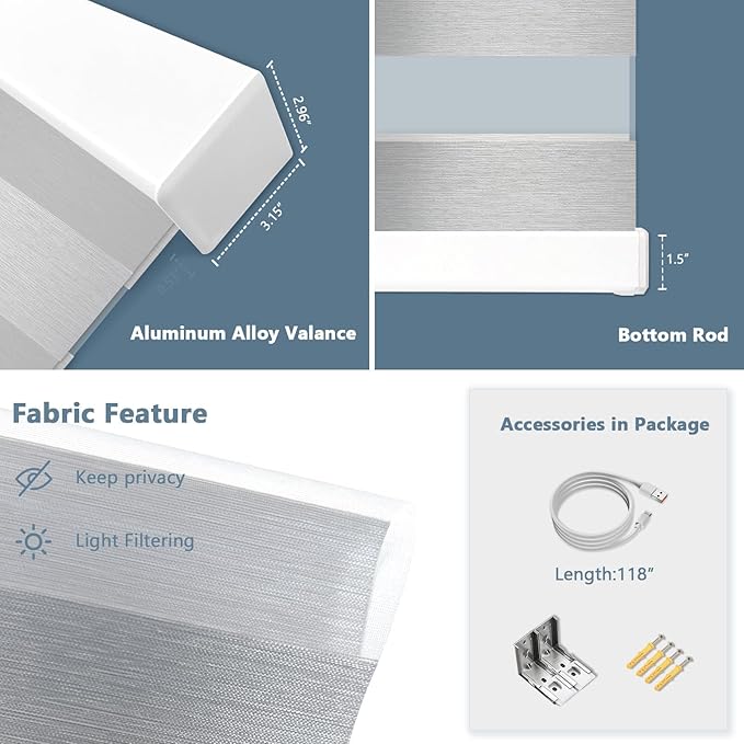 Motorized Zebra Blinds for Windows Cordless Electric Curtains with Remote Control Blackout Shades Custom Smart Blinds Compatible with Alexa Google Home(Light Filtering Grey,Custom)