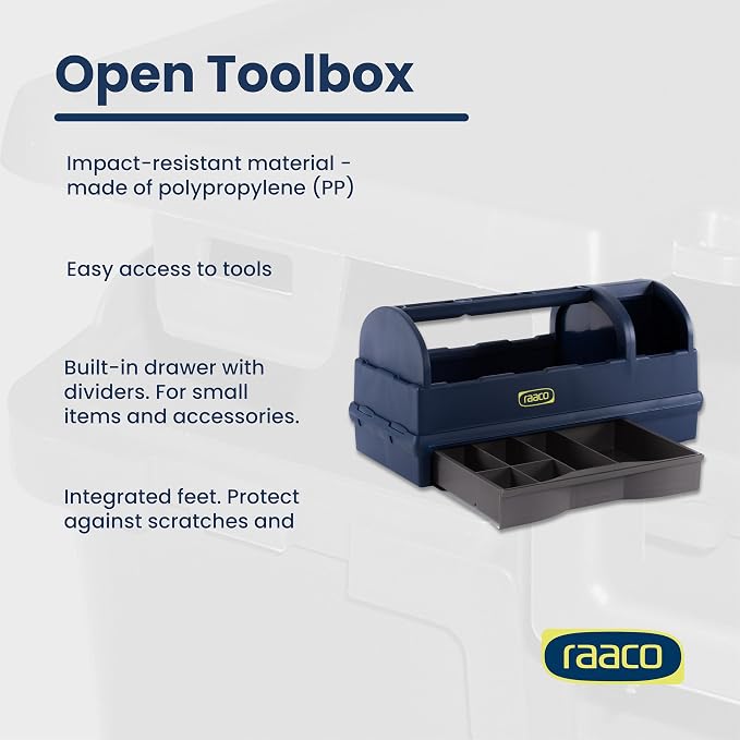 Raaco Open Portable Tool Box Organizer with Handle - Hand-Held Storage | Plastic Polypropylene Toolbox with 3 Compartments & Built-in Drawer, Hand-Held Storage Carrier, 55 lb Load Capacity, workshop