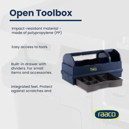 Raaco Open Portable Tool Box Organizer with Handle - Hand-Held Storage | Plastic Polypropylene Toolbox with 3 Compartments & Built-in Drawer, Hand-Held Storage Carrier, 55 lb Load Capacity, workshop