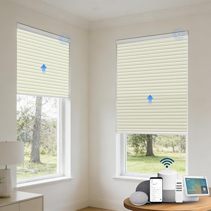 Motorized Cellular Shades with Remote, Blackout Smart Cellular Shades Compatible with Alexa, Cordless Honeycomb Window Blinds for Bedroom Home Office, Custom Size, Blackout Light Beige