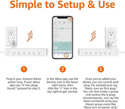 Amazon Basics Smart Plug Power Strip with 6 Individually Controlled Outlets and 3 USB Ports (2 USB-A and 1 USB-C), WiFi, Works with Alexa Only, 2.4 GHz, No Hub Required, White