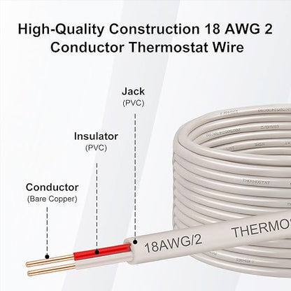 XRDS -RF 18AWG 2 Conductor Thermostat Wire 50FT, Solid Copper, 18 Gauge 2 Wire for Thermostat, HVAC, Heating and Cooling, White Jacket (20FT / 25FT / 30FT / 50FT / 75FT / 100FT)