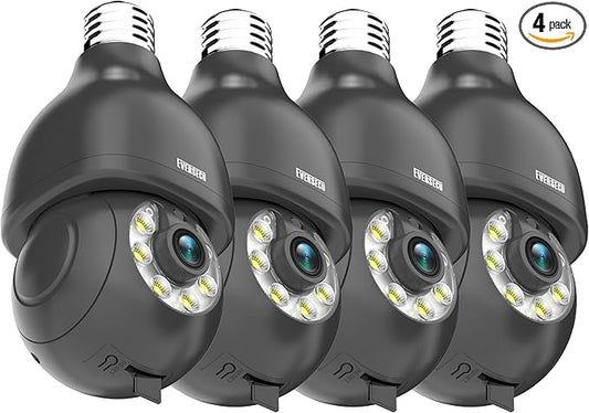 EVERSECU HD 2K 3.0MP Wireless Light Bulb Security Camera with E27 Light Connector, Motion Auto Tracking, 2 Way Audio, Spotlight Night Vision, Free APP, WiFi Screw-in CCTV Camera, Black(4pack)