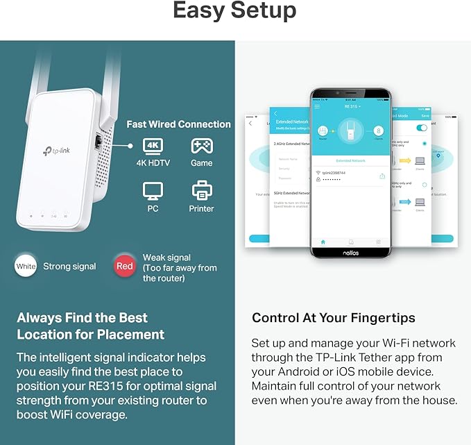 TP-Link AC1200 WiFi Extender, 2023 Engadget Best Budget Pick, 1.2Gbps Signal Booster for Home, Dual Band 5GHz/2.4GHz, Covers Up to 1500 Sq.ft and 30 Devices,Support Onemesh, One Ethernet Port (RE315)