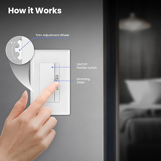 Feit Electric Paddle Dimmer Switch for Dimmable LED Light Bulbs, Single Pole or 3-Way Toggle Light Switch, Overheat Protection, Wall Plates & Installation Hardware Included, 2 Pack