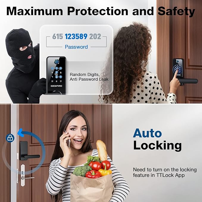 GEONFINO Smart Door Lock 6-in-1 Deadbolt with Keypad,Fingerprint Door Lock with Handle, Bluetooth Electronic Deadbolt for Home