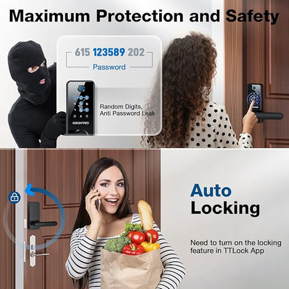 GEONFINO Smart Door Lock 6-in-1 Deadbolt with Keypad,Fingerprint Door Lock with Handle, Bluetooth Electronic Deadbolt for Home