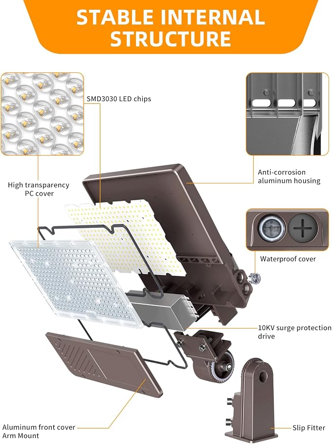 6 Pack 480V LED Parking Lot Light 150W 22500LM ETL Listed Flood Lights Adjustable Slip Fit Mount 5000K IP65 Commercial Security Area Light AC277-480V for Street Roadway
