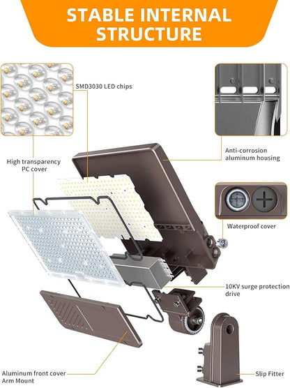 6 Pack 480V LED Parking Lot Light 150W 22500LM ETL Listed Flood Lights Adjustable Slip Fit Mount 5000K IP65 Commercial Security Area Light AC277-480V for Street Roadway