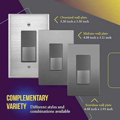 ENERLITES Elite Series Decorator Switch, Paddle Rocker Light Switch, Single Pole, 3 Wire, Grounding Screw, Residential Grade, 15A 120V, UL Listed, 91150-SG, Space Gray, 10 Pack