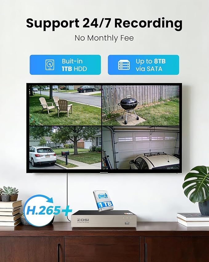 ZOSI 8CH 3K Lite Home Security Camera System, AI Human/Vehicle Detection, 120ft Night Vision, 4pcs 1080P Metal Weatherproof Cameras with Audio, H.265+ 8Channel DVR with 1TB HDD for 24/7 Recording