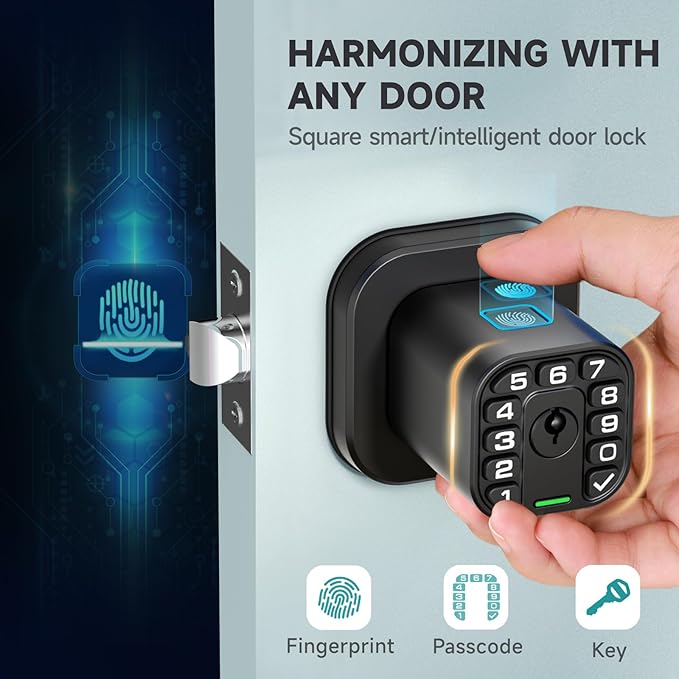 Richelock Fingerprint Door knob, Smart Biometric Door Lock with Keypad, Keyless Entry Code Door Knob, Waterproof & Weatherproof , Auto Lock ,Voice Navigation, For Bedroom, Gate,Office -Matte Black