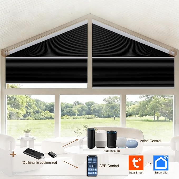 Godark Smart Angled Customized Blackout Honeycomb Blinds Suitable for Trapezoidal/Triangular/Polygonal Windows Motorized Cellular Shades Compatible with Alexa/Google Home/Tuya APP-Black