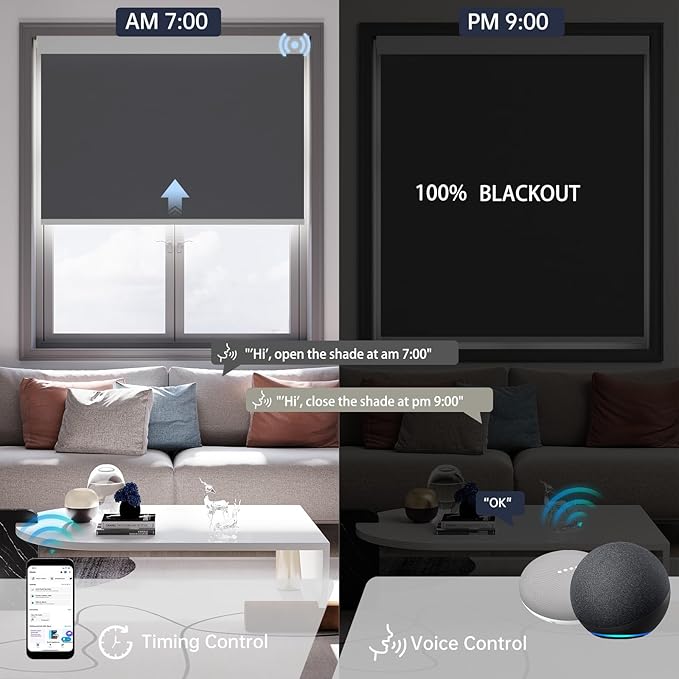 Motorized Blinds with Remote, Blackout Smart Blinds for Windows Automatic Shades Compatible with Alexa, Motorized Shades Customized for Bedroom Home Office (Blackout-Fabric Dark Grey)