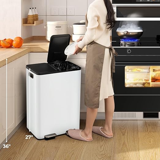 Goplus 16 Gallon/ (2x30L) Stainless Steel Trash Can, Kitchen Trash Bin w/Dual Removable Inner Buckets, Soft Closure & Step-on Pedal, Deodorizer Compartment, Garbage Bin for Recycling, White
