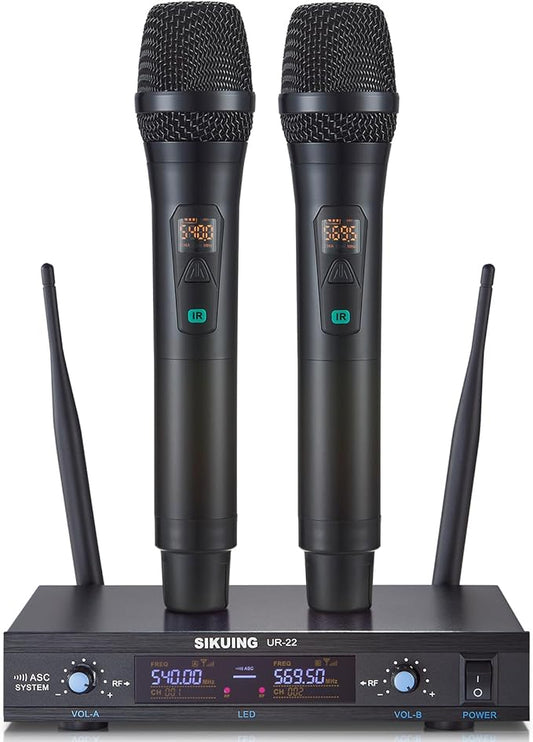 Wireless Microphone System, Metal Dual Pro UHF Cordless Dynamic Mic, 2x30 Adjustable Frequencies, Handheld Microphone System for Home Karaoke, Meeting, Church, 300ft Range (2 Handheld)