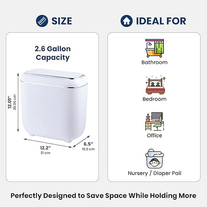 Motion Sensor Trash Can, Automatic Touchless Trash bin, 2.6 Gallon for Bathroom, Bedroom & Office - Waterproof, Quiet Close, White