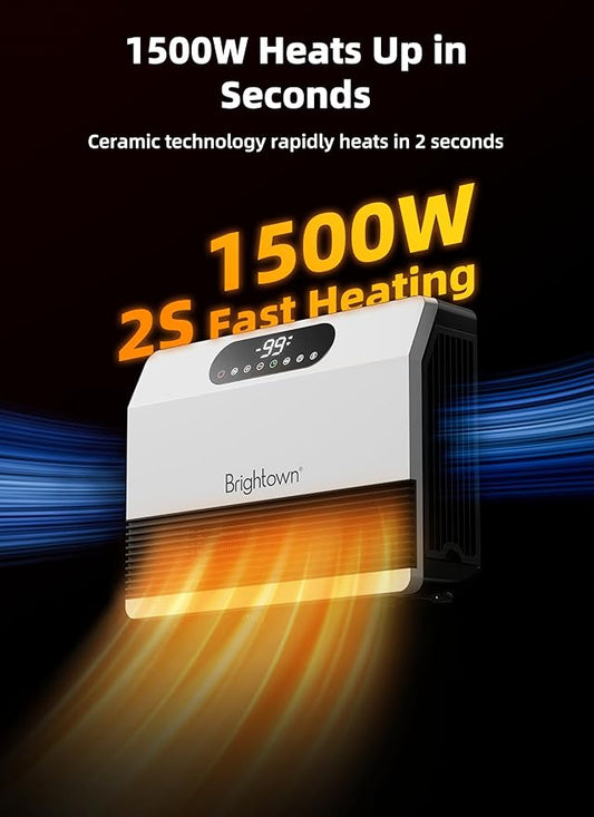 Brightown Wall Heater, Heater for Indoor Use 1500W, 5 Optional Modes, Adjustable Thermostat, Easy Mount Home Space Heater for Bedroom Bathroom with Remote Control, 12H Timer, Works with Alexa, White