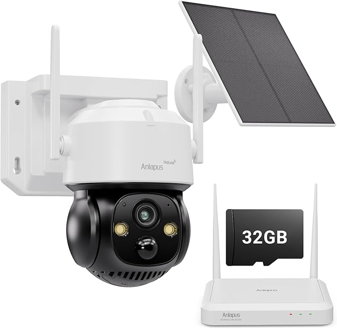 Anlapus Solar Security Camera Wireless Outdoor, 2.5K Pan/Tilt Cam Kit with Solar Panel, Wireless Home Security Camera System with PIR/AI Detection, Color Night Vision, No Monthly Fee, 32GB Memory Card