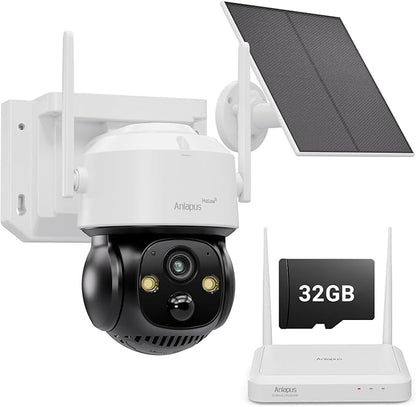 Anlapus Solar Security Camera Wireless Outdoor, 2.5K Pan/Tilt Cam Kit with Solar Panel, Wireless Home Security Camera System with PIR/AI Detection, Color Night Vision, No Monthly Fee, 32GB Memory Card