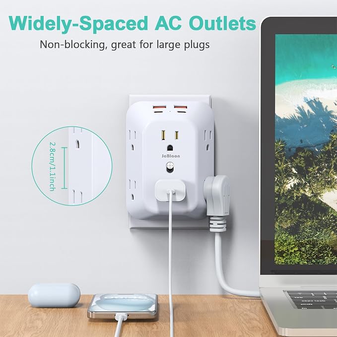 2 Pack Outlet Extender Surge Protector, 6 Outlet Splitter with 4 USB Ports (2 USB C), Multiple Plug Expander Wall Charger, 4 Sided 1050 J Multi Plug Wall Adapter Power Strip for Home Office Kitchen