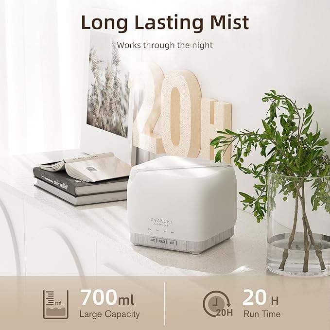 ASAKUKI Essential Oil Diffuser for Home, Large 700 ml Humidifier with Automatic Shut-Off, Quiet Aromatherapy Diffuser with 7 LED Lights for Living Room, Kitchen, Bedroom, Hotel, Gift for Mom - White