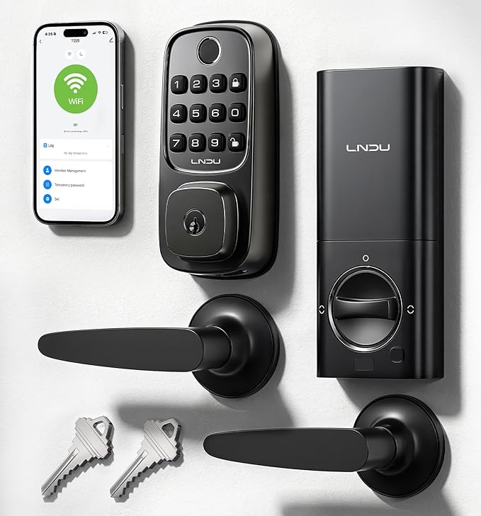 WiFi Smart Door Locks for Front Door Lock Set, Keyless Entry Door Lock Deadbolt with Handle Set, Smart Deadbolt Lock with Alexa & Google Assistant, APP Control, Voice& Fingerprint Unlock, Auto Locking