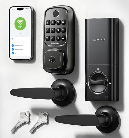 WiFi Smart Door Locks for Front Door Lock Set, Keyless Entry Door Lock Deadbolt with Handle Set, Smart Deadbolt Lock with Alexa & Google Assistant, APP Control, Voice& Fingerprint Unlock, Auto Locking