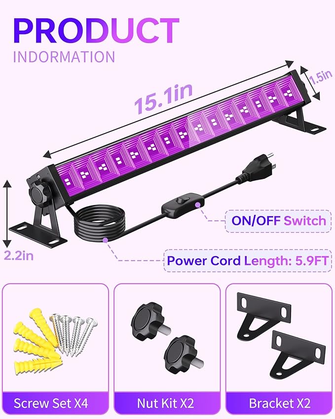2 Pack LED 42W Black Lights, Blacklight Bars with Plug+Switch+6ft Cord, Light Up 24x24ftx4, Blacklight for Glow Party, Fluorescent Poster, Body Paint, Halloween Decorations, Bedroom, Stage