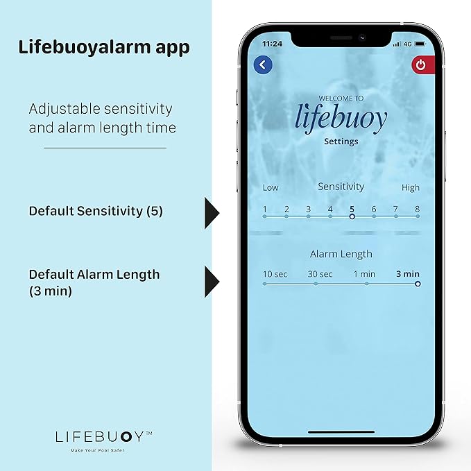 Lifebuoy Pool Alarm System - Pool Motion Sensor with Advanced Algorithm - Smart Pool Alarm That is Application Controlled. Powerful Sirens Blare at Poolside and Indoors
