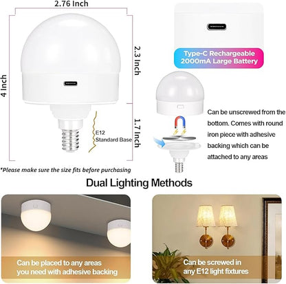Yochoice 2-Pack E12 Rechargeable Battery Operated Light Bulb with Remote, Dimmable LED Bulb with 15 Colors Selectable & 3 Timer, Wireless Detachable Puck Light Bulb for Wall Sconce, Non-Hardwired