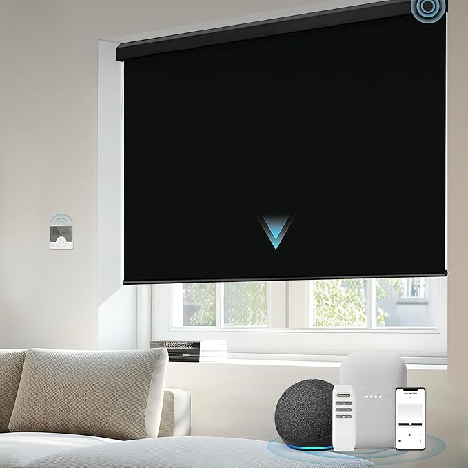 Motorized Blinds Compatible with Alexa Google Custom to 115" Width 100% Blackout Smart Blind Automatic Large Window Roller Shades Remote Control Vinyl Black