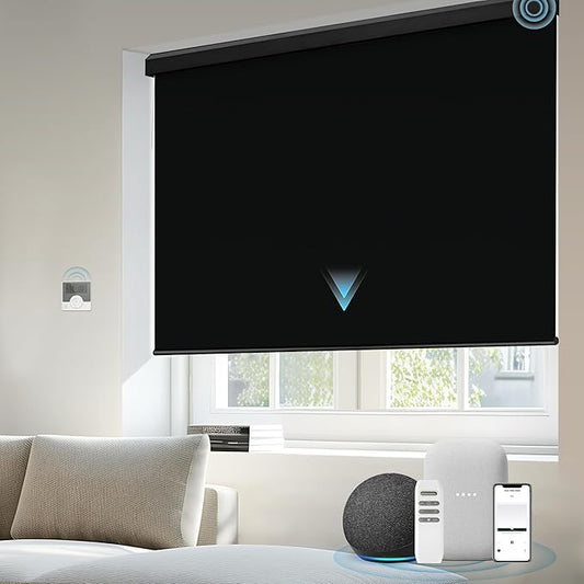 Motorized Blinds Compatible with Alexa Google Custom to 115" Width 100% Blackout Smart Blind Automatic Large Window Roller Shades Remote Control Vinyl Black