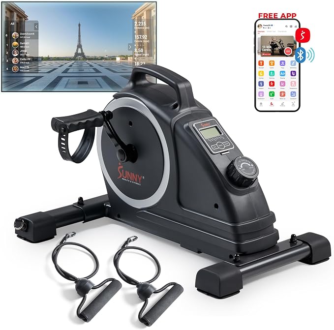 Sunny Health & Fitness 2-in-1 Smart Magnetic Pedal Exerciser, Compact Indoor Under-Desk Mini Exercise Bike for Full Body Cardio Workout and Physical Therapy, Free SunnyFit Training App Connection