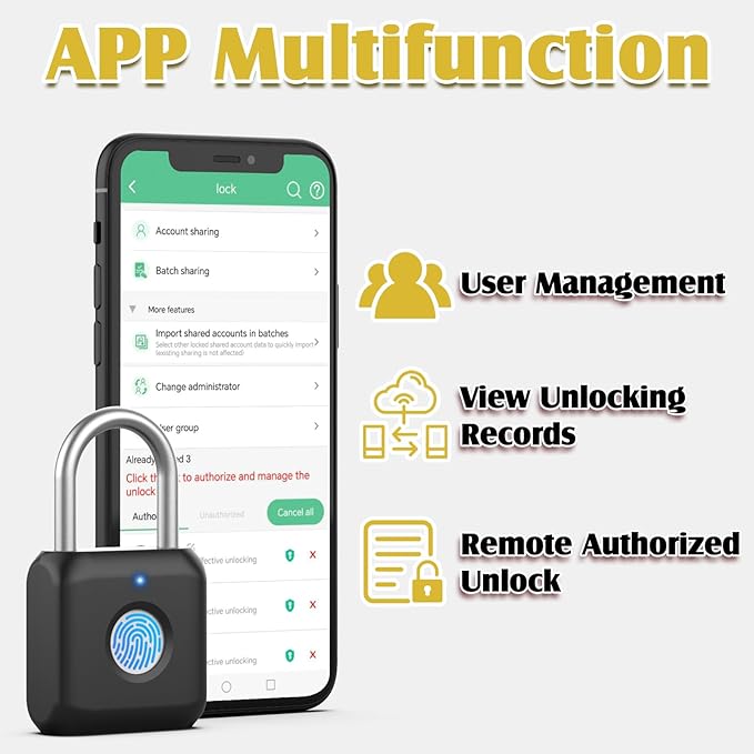 Fingerprint Padlock, Pothunder Smart Padlock, Locker Lock, Fingerprint Lock with APP Unlock, USB Rechargeable, Suitable for Gym Locker, Door(Black)