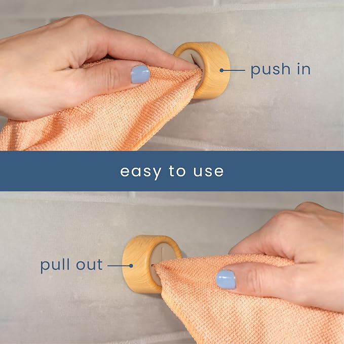 S&T INC. Adhesive Push Towel Hooks, 4 Pack, Bamboo | 2 Installation Options, Round Hooks for Kitchen, Bathroom, Garage and Home Use, Organization Hooks, Strong Grip