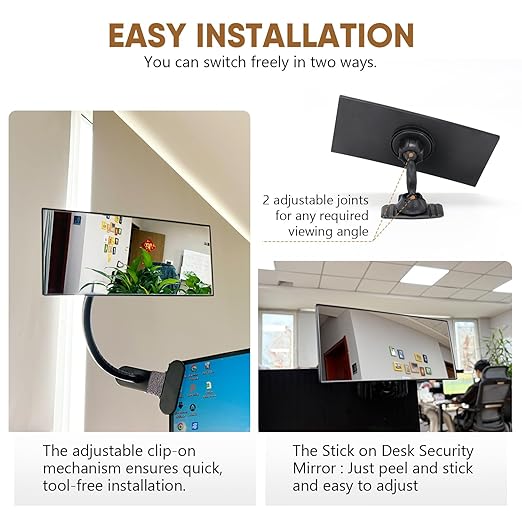 Clip On Security Mirror Stick-On Office Desk Mirror for Personal Safety Desk Rear View Monitor Computer Cubicle Cabinet Workstation Security Gooseneck (6.69"x2.95" 2 Brackets 1 Framed)